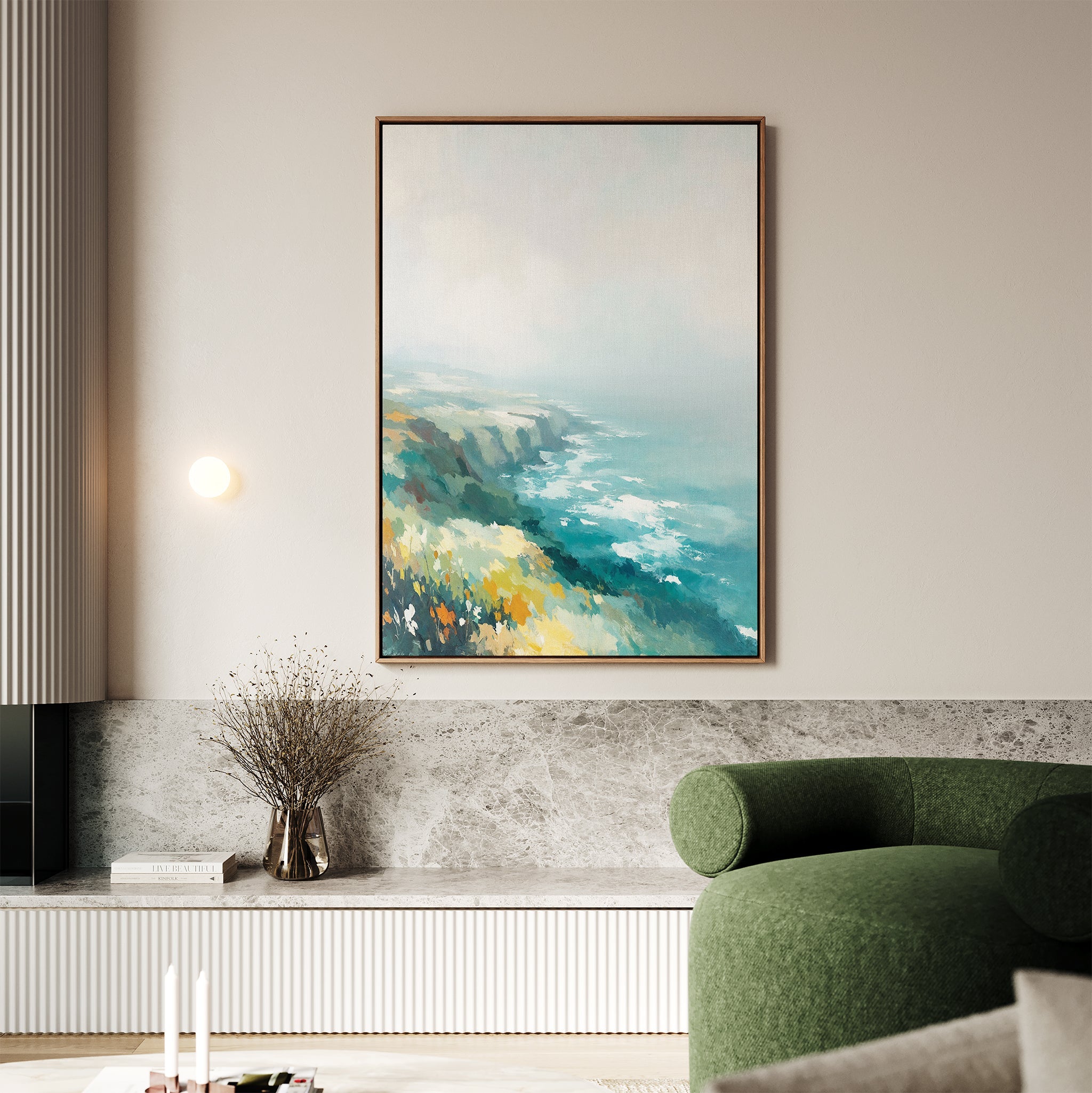 Where the Sea Meets Fire – blue landscape canvas wall art print by Aspire Prints
