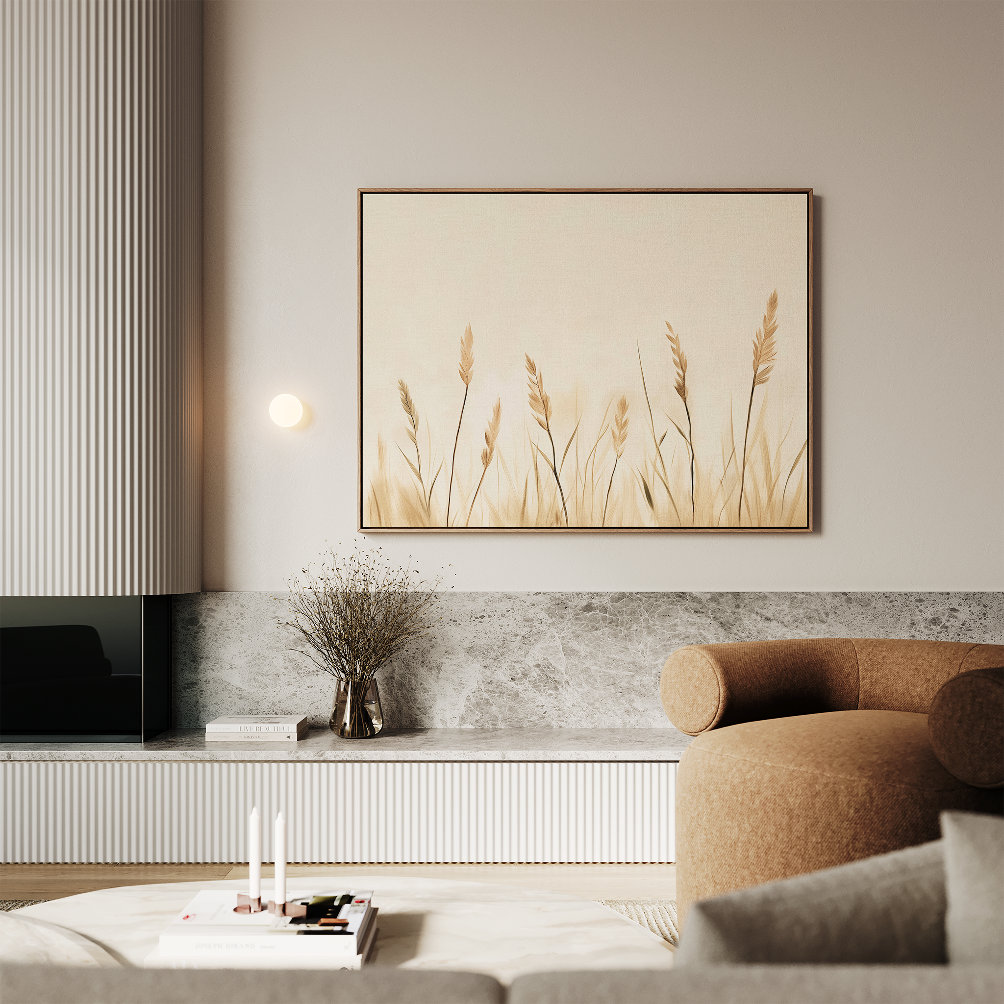 Whispering Reeds – beige and white botanical canvas wall art print by Aspire Prints