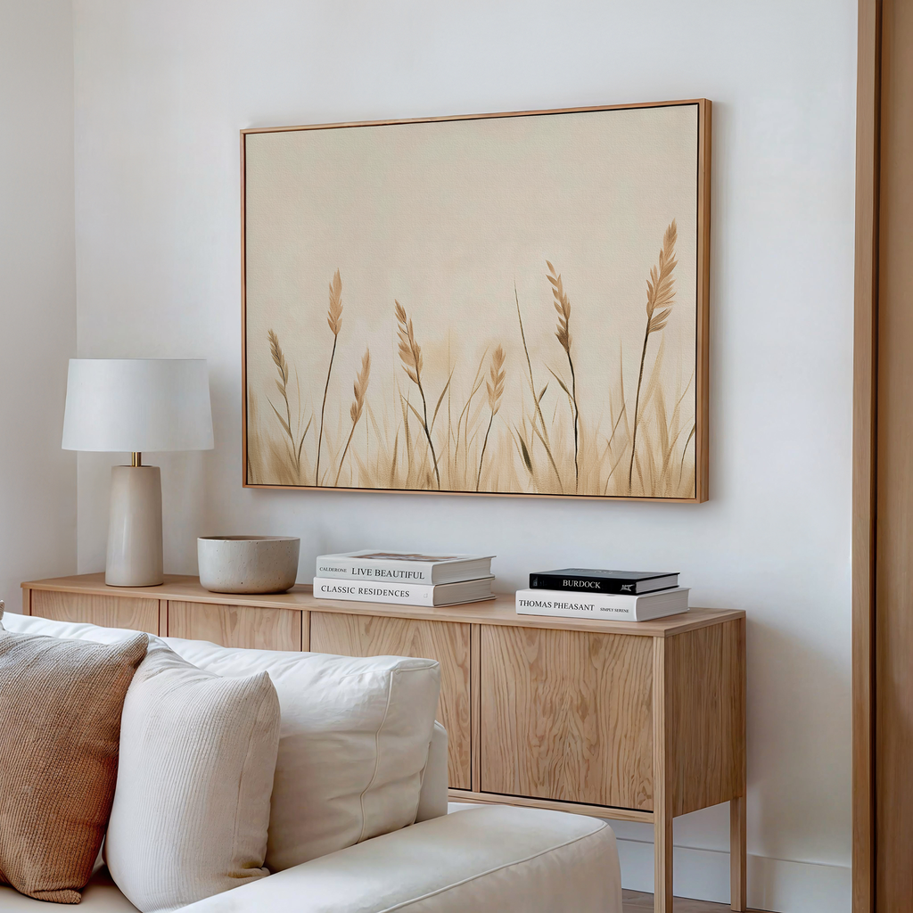 Whispering Reeds – beige and white botanical canvas wall art print by Aspire Prints