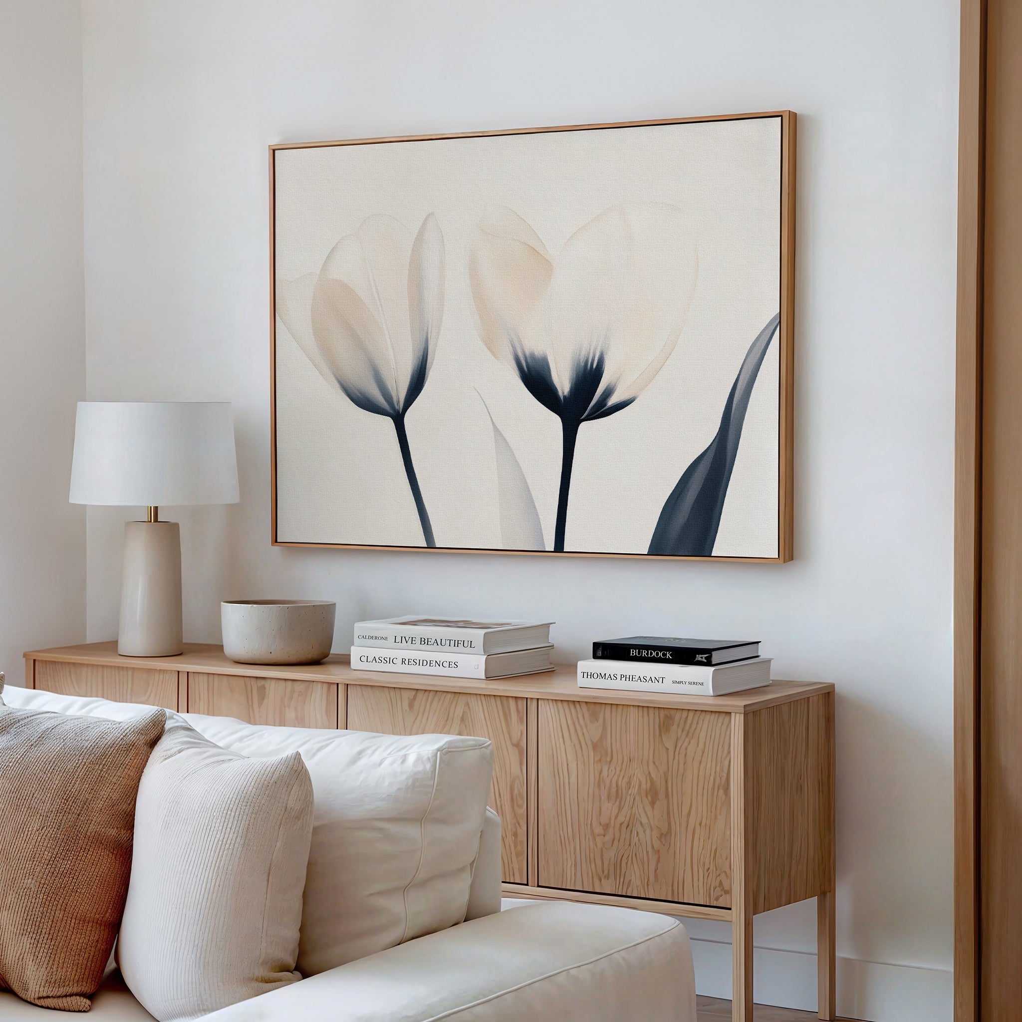 Whispered Petals in Twilight – beige and white botanical canvas wall art print by Aspire Prints