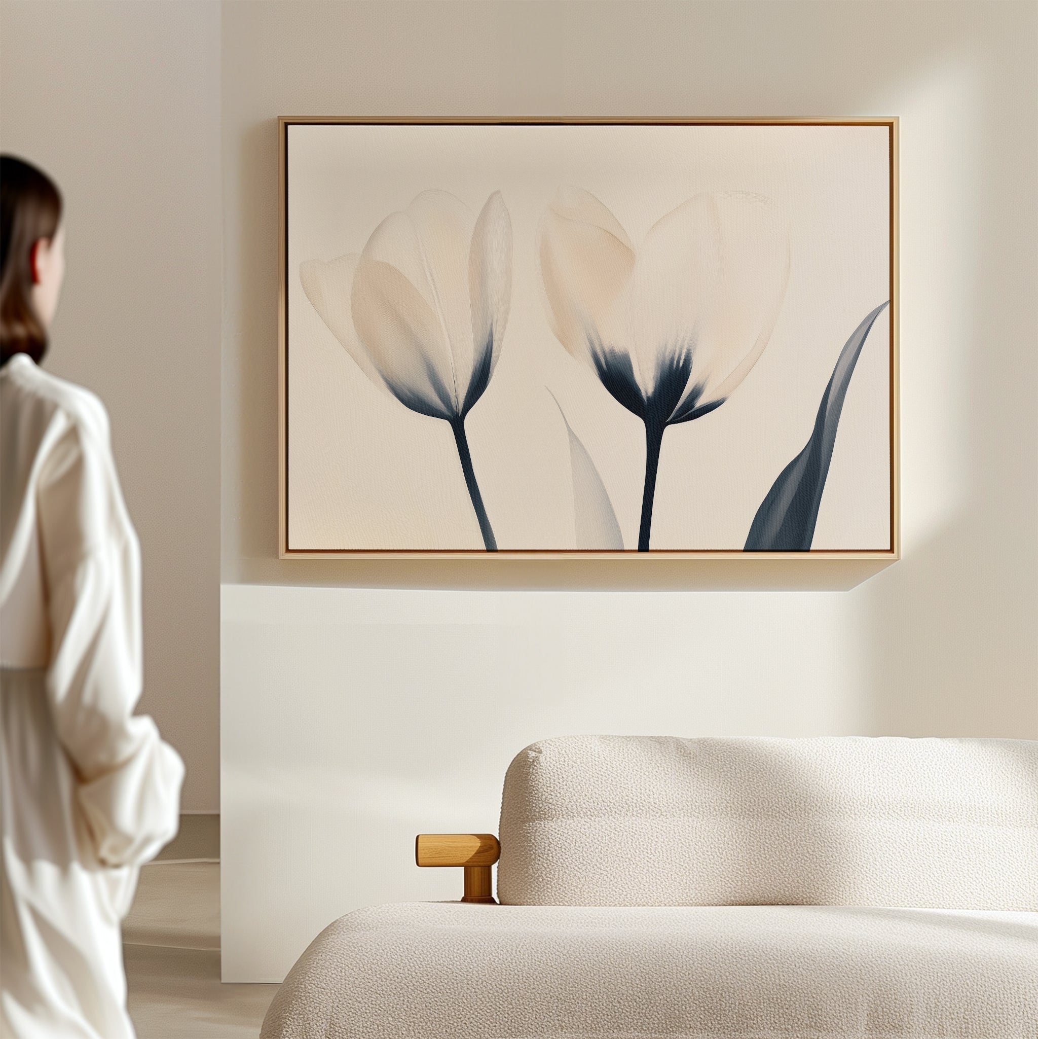 Whispered Petals in Twilight – beige and white botanical canvas wall art print by Aspire Prints