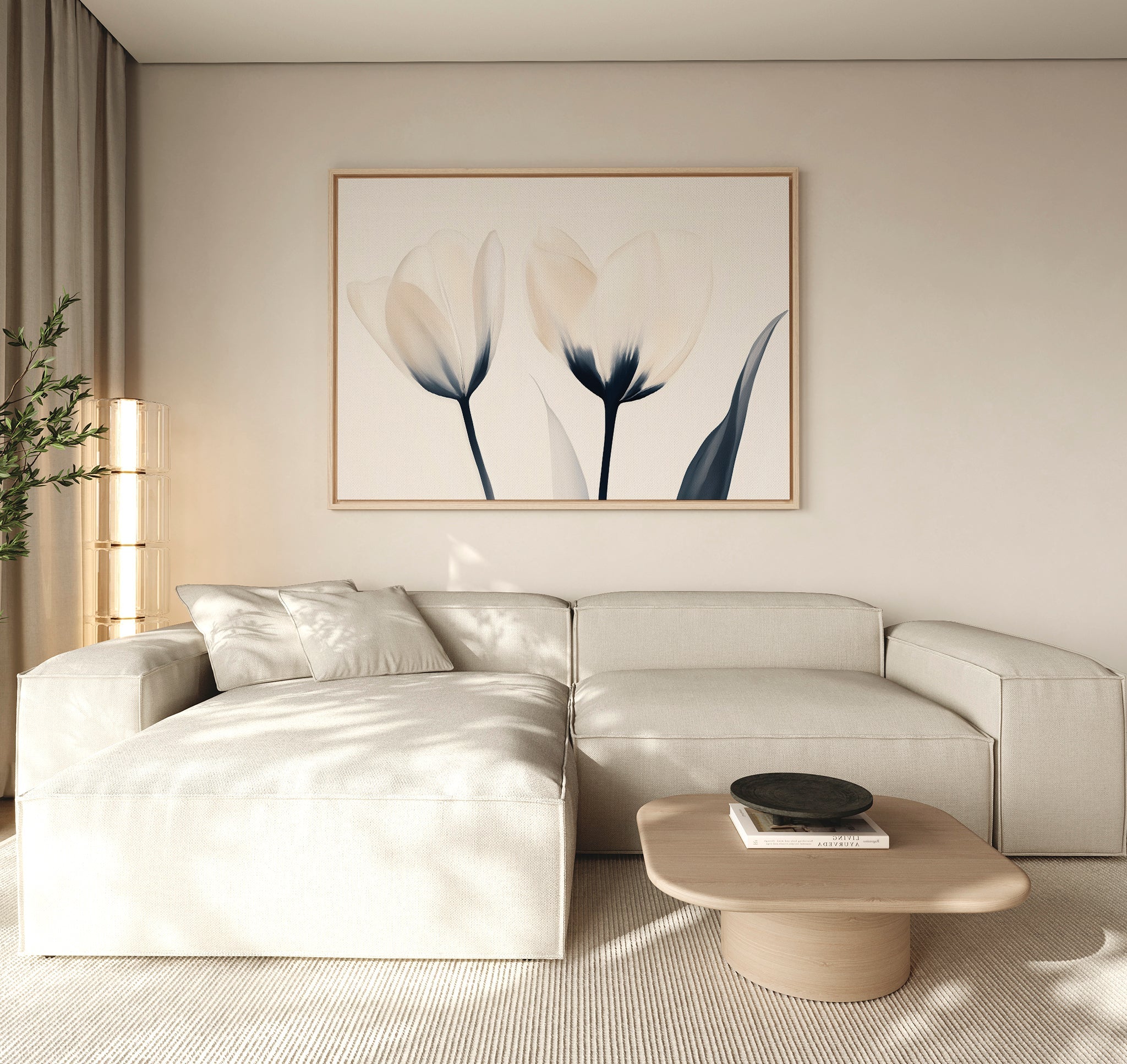 Whispered Petals in Twilight – beige and white botanical canvas wall art print by Aspire Prints