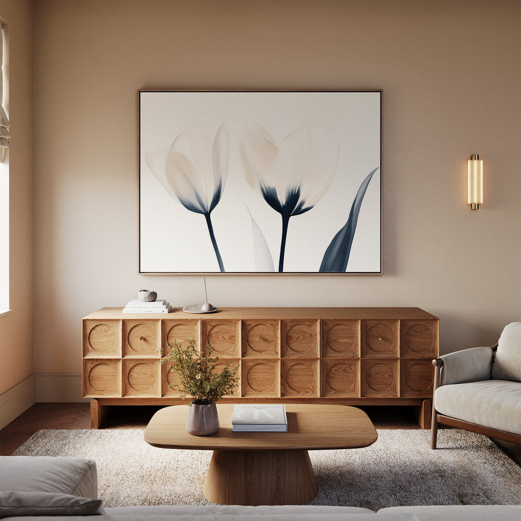 Whispered Petals in Twilight – beige and white botanical canvas wall art print by Aspire Prints