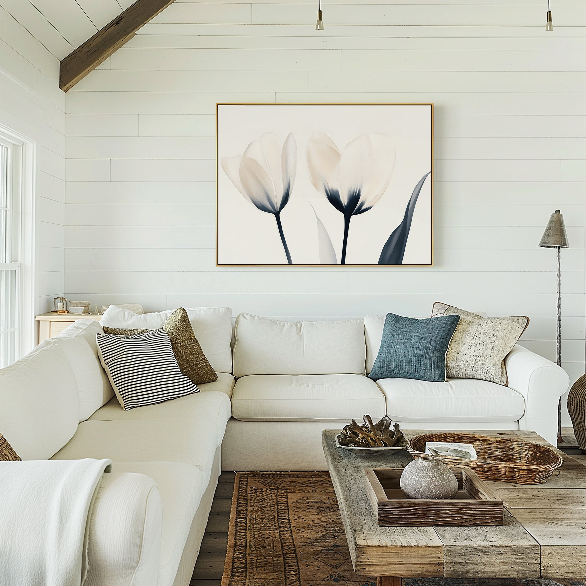 Whispered Petals in Twilight – beige and white botanical canvas wall art print by Aspire Prints