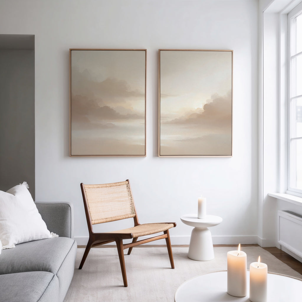 Whispers of Mist – Set of 2 Canvas Prints set of 2 – beige and white cloud canvas wall art by Aspire Prints