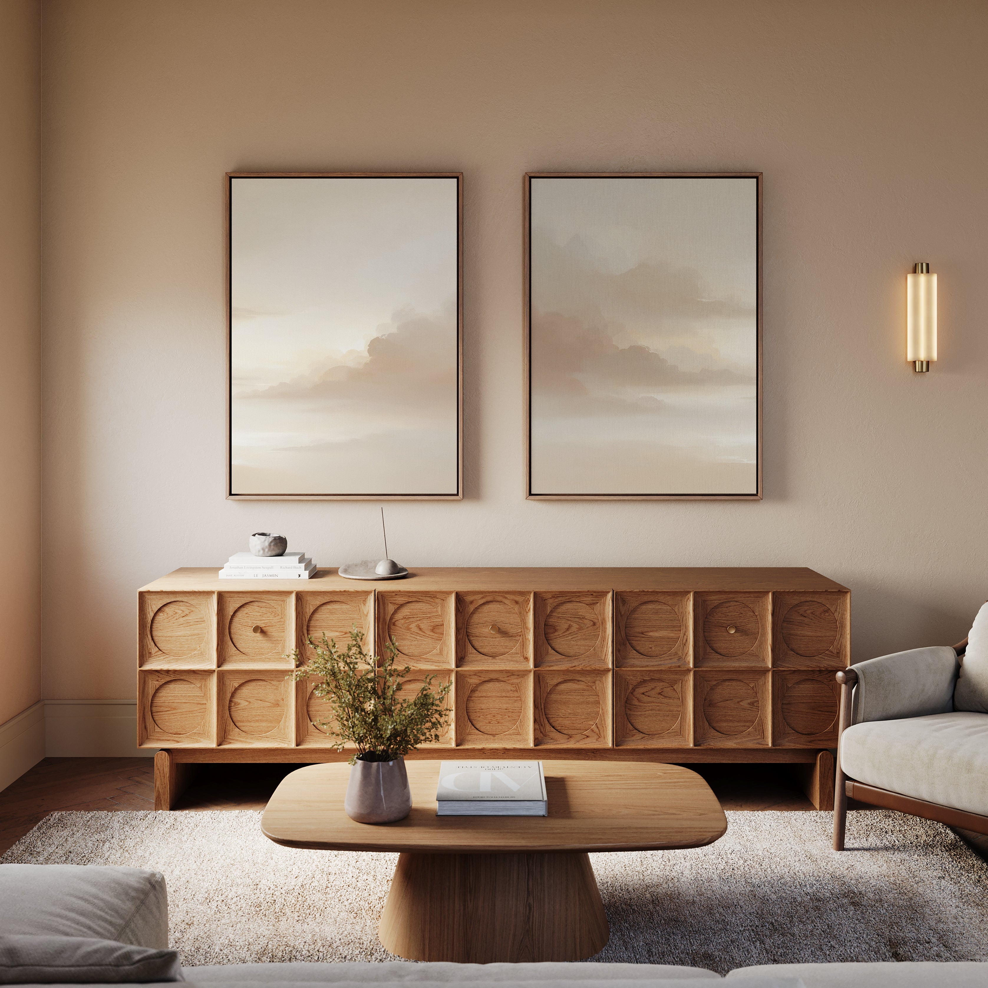 Whispers of Mist – Set of 2 Canvas Prints set of 2 – beige and white cloud canvas wall art by Aspire Prints