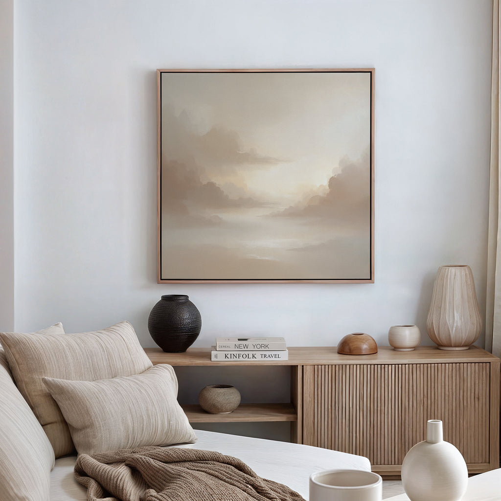 Whispering Mist & Morning Light Canvas Print – beige and white cloud canvas wall art print by Aspire Prints