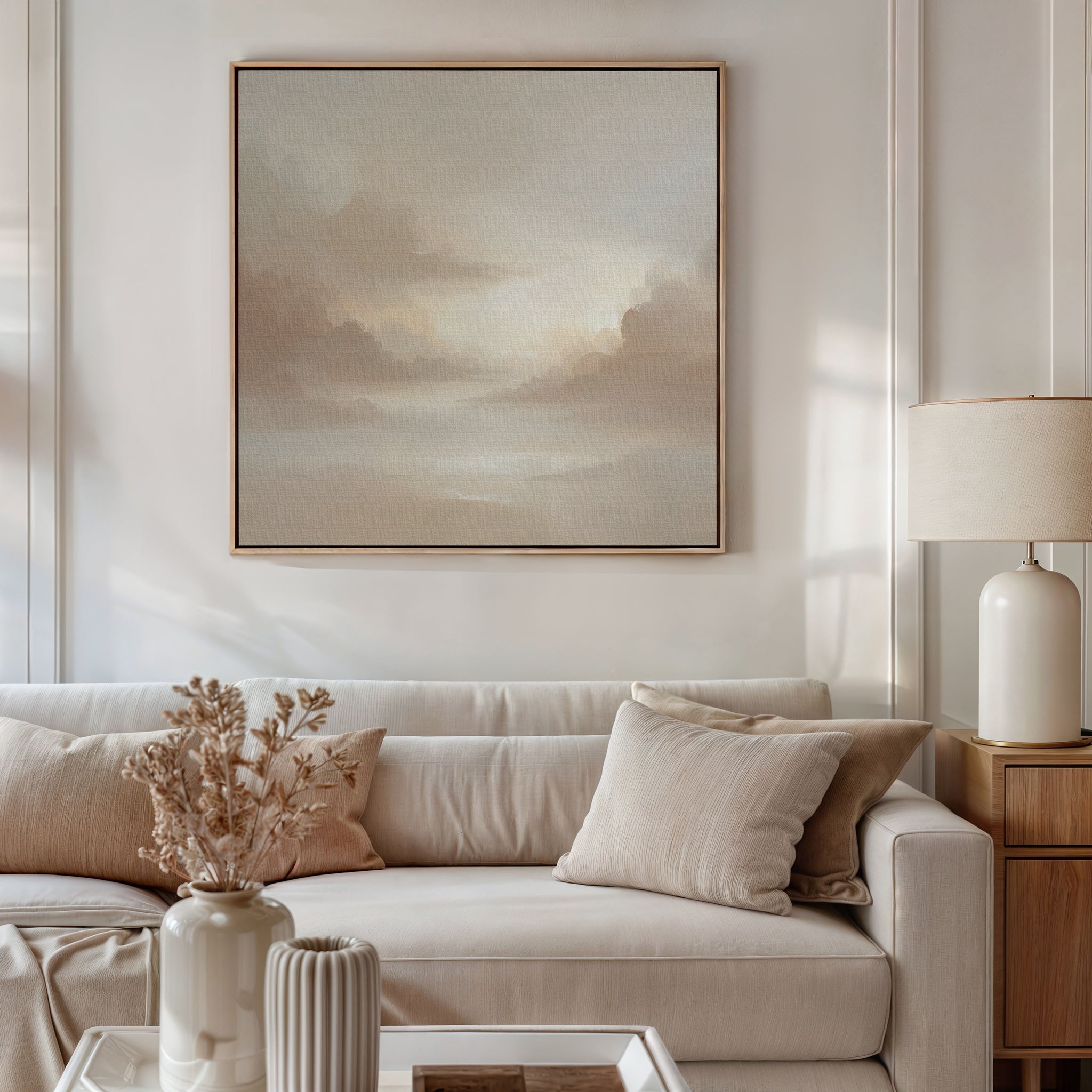 Whispering Mist & Morning Light Canvas Print – beige and white cloud canvas wall art print by Aspire Prints