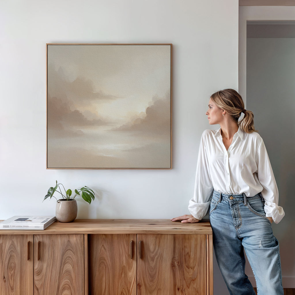Whispering Mist & Morning Light Canvas Print – beige and white cloud canvas wall art print by Aspire Prints