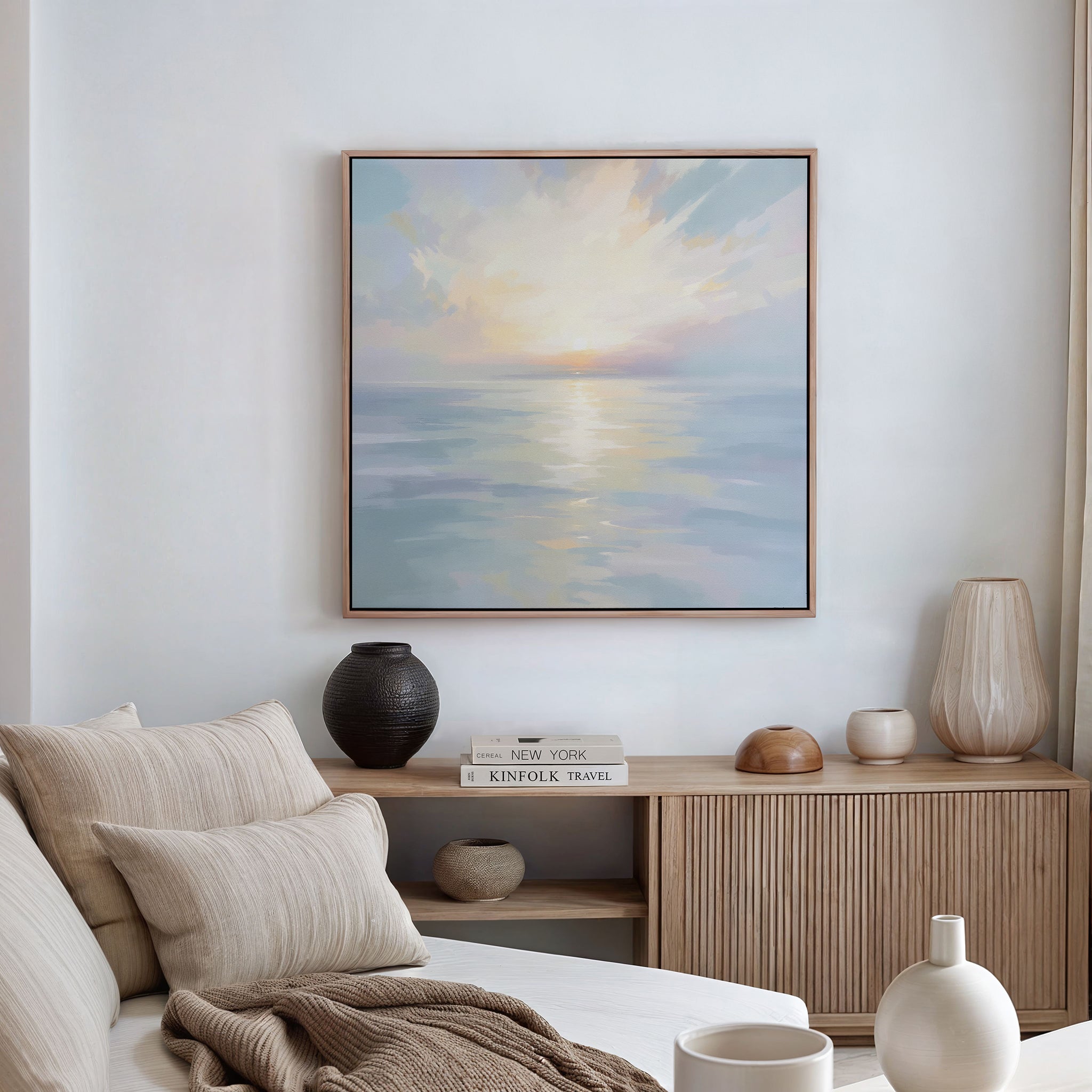 Whispering Tides at Daybreak – blue coastal canvas wall art print by Aspire Prints