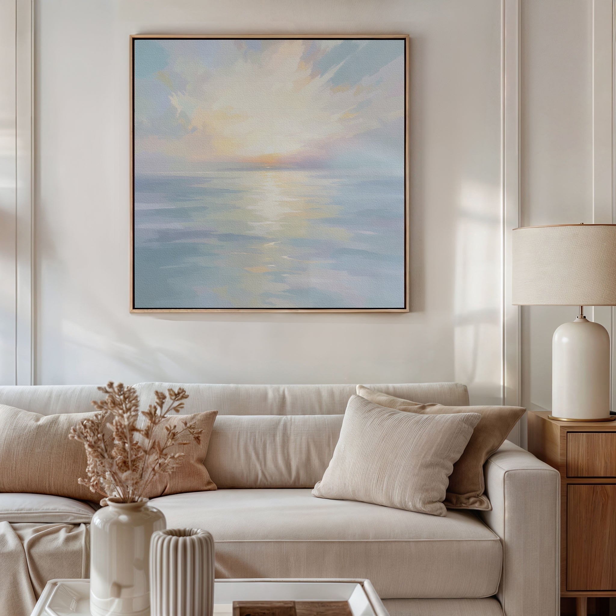 Whispering Tides at Daybreak – blue coastal canvas wall art print by Aspire Prints