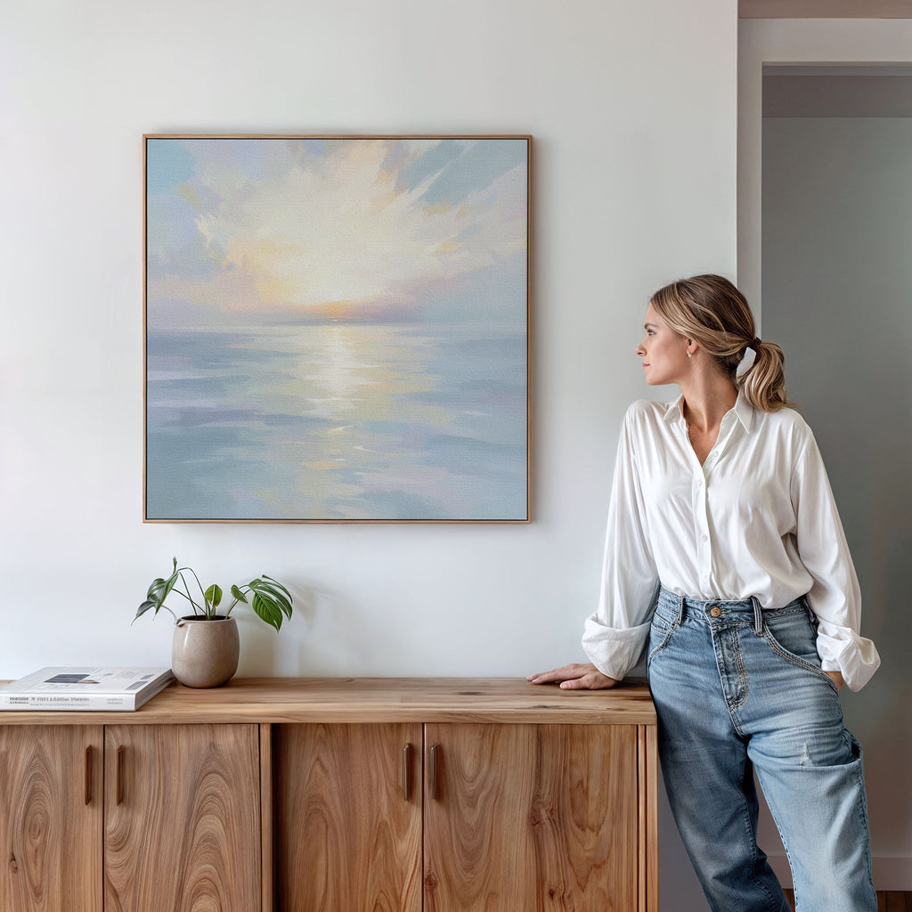 Whispering Tides at Daybreak – blue coastal canvas wall art print by Aspire Prints