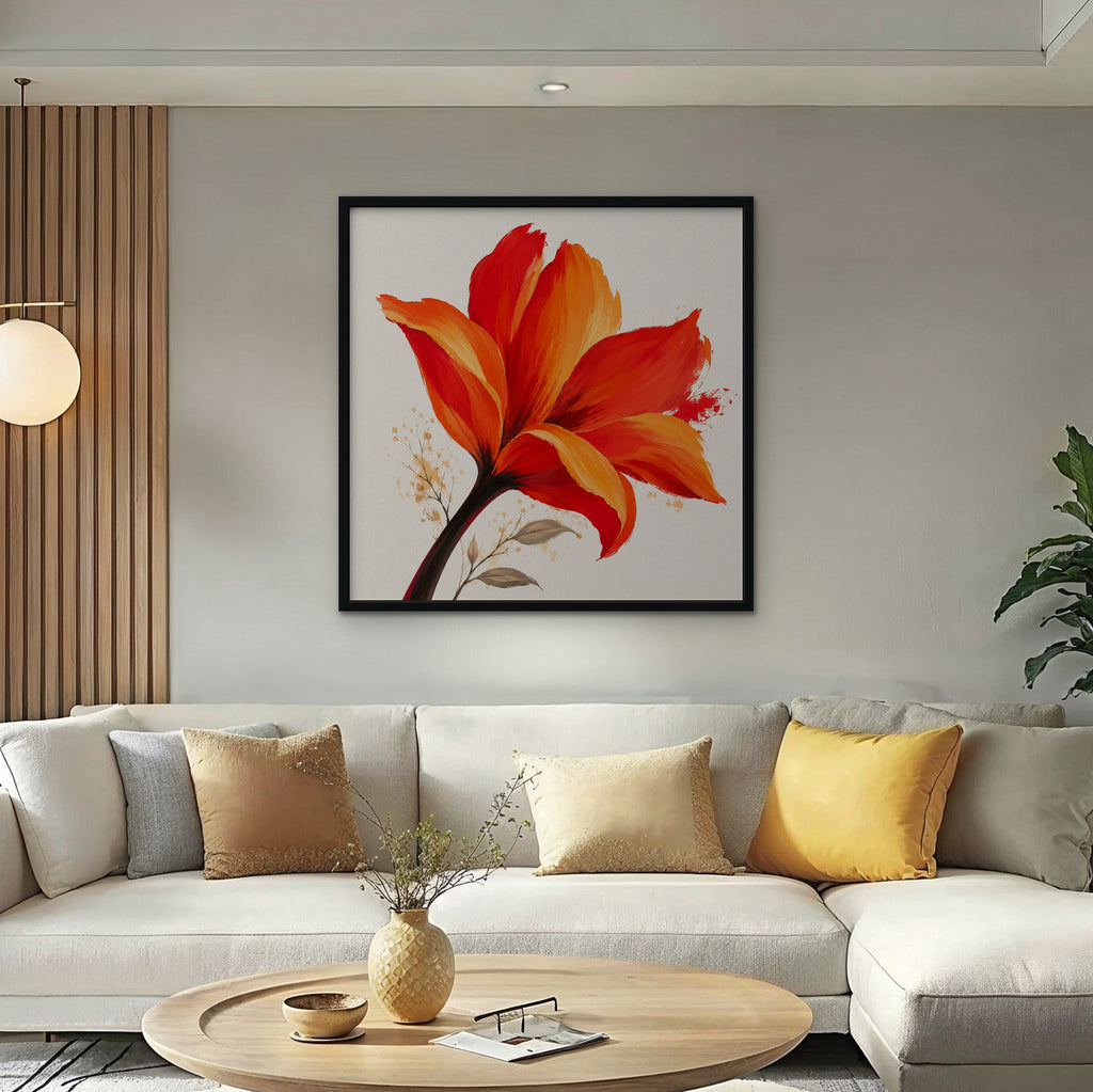 Fiery Lily Canvas Art - Square – Black Floating Frame in room setting