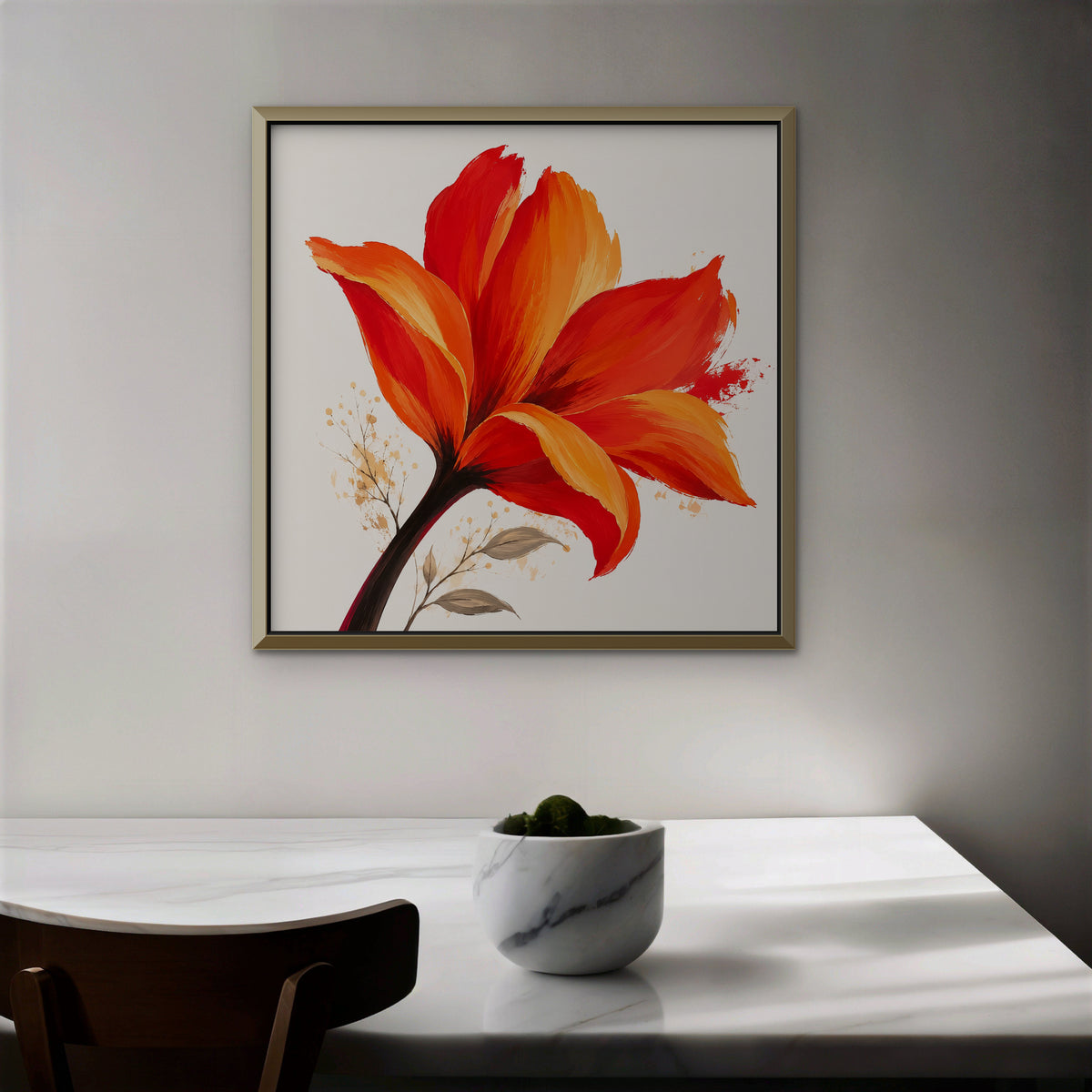 Fiery Lily Canvas Art - Square – Gold Floating Frame in room setting