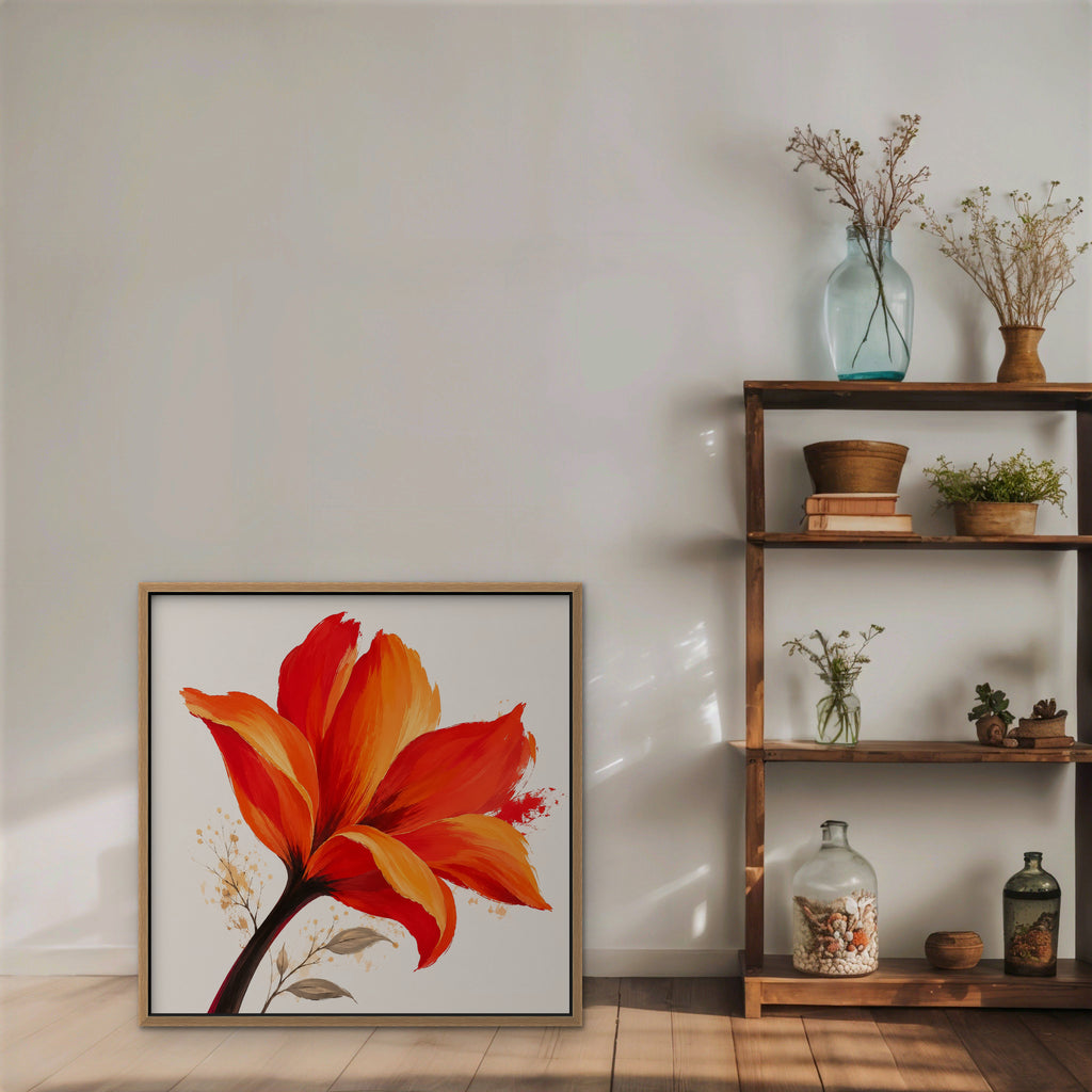 Fiery Lily Canvas Art - Square – Oak Floating Frame in room setting