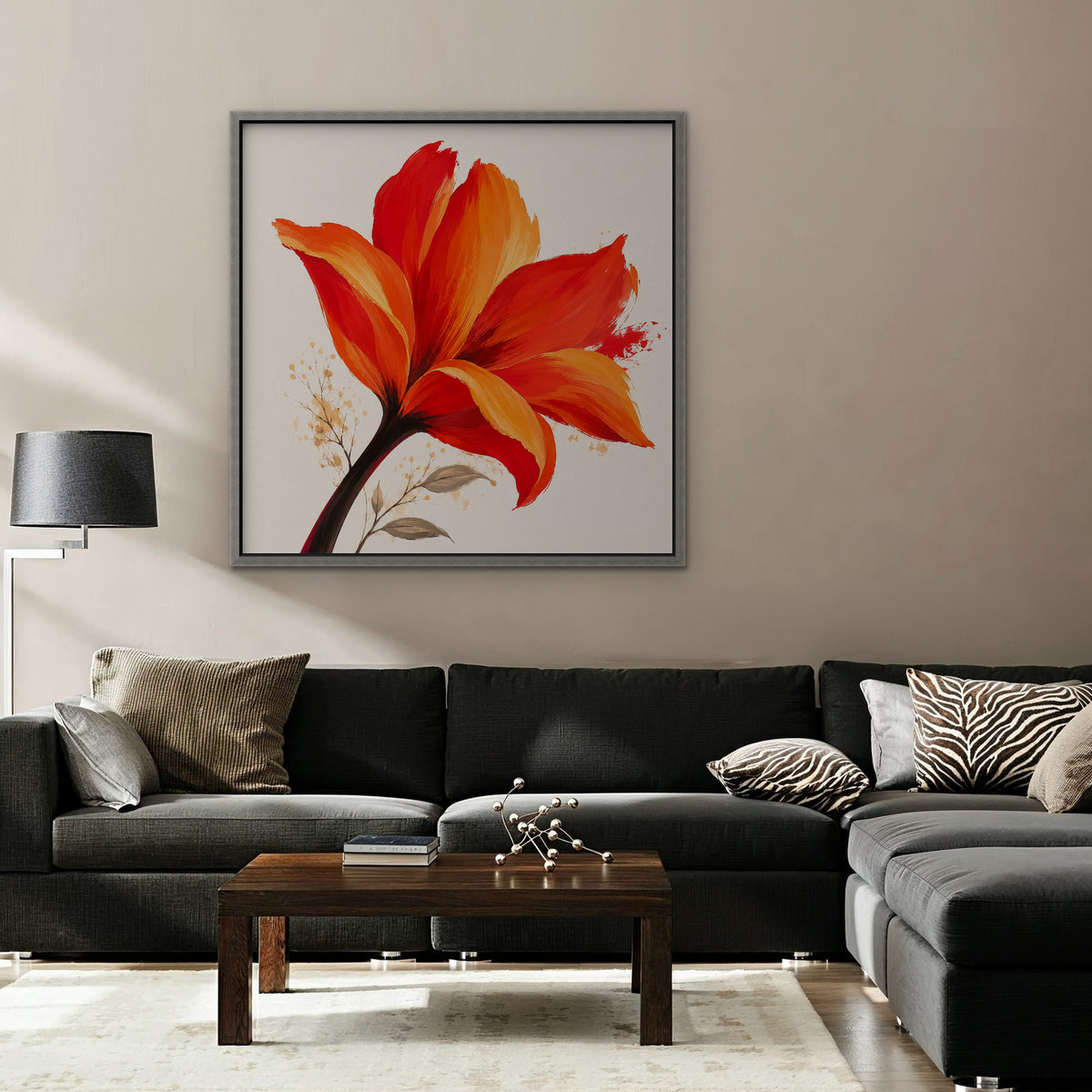 Fiery Lily Canvas Art - Square – Silver Floating Frame in room setting