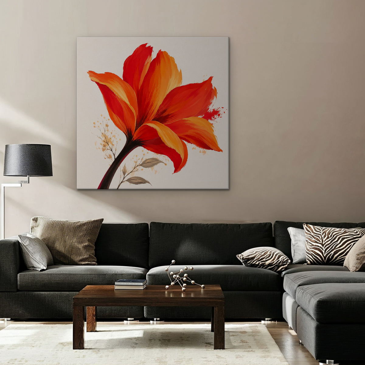 Fiery Lily Canvas Art - Square – Stretched Canvas Only in room setting