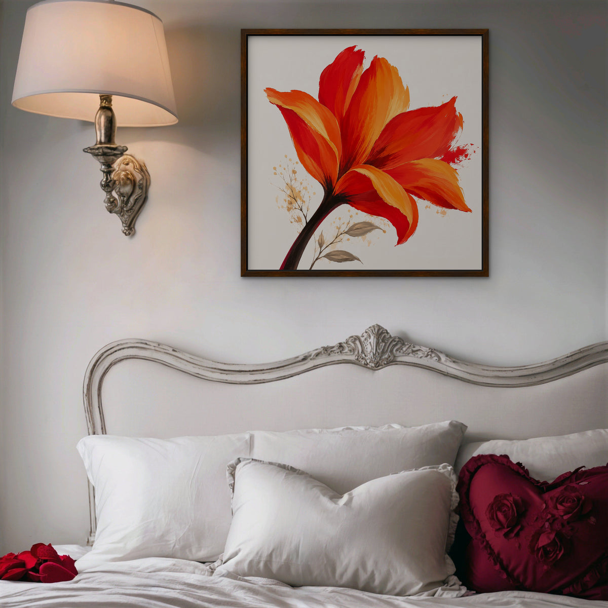 Fiery Lily Canvas Art - Square – Walnut Floating Frame in room setting