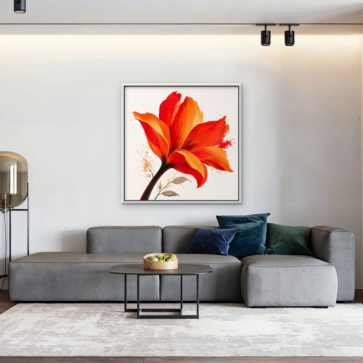 Fiery Lily Canvas Art - Square – White Floating Frame in room setting