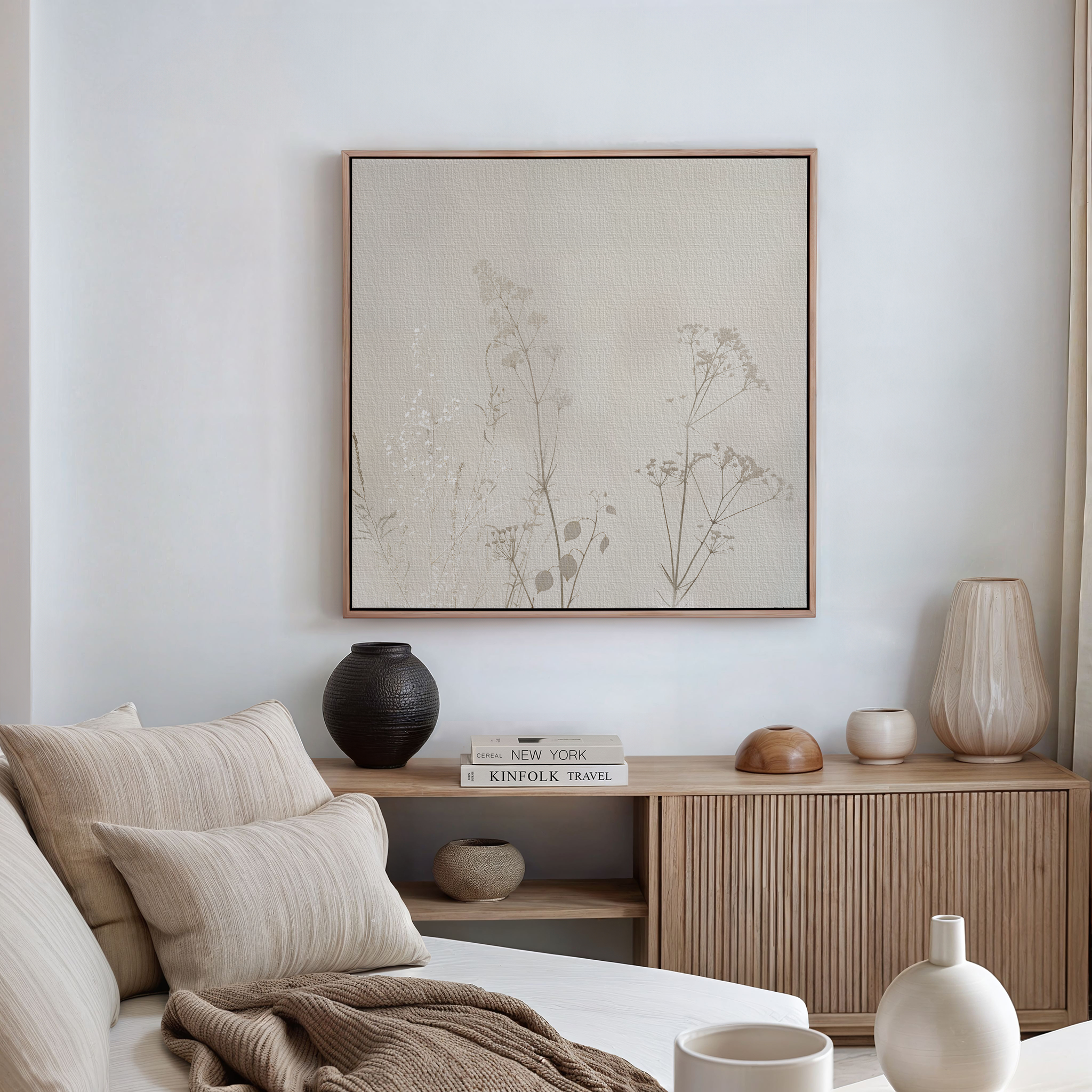 Whispering Petals in Bloom – beige and white botanical canvas wall art print by Aspire Prints