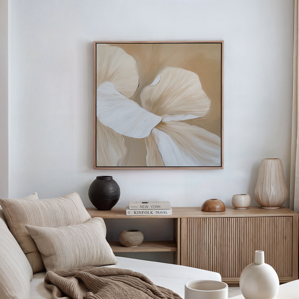 Petal Hush – beige and white botanical canvas wall art print by Aspire Prints