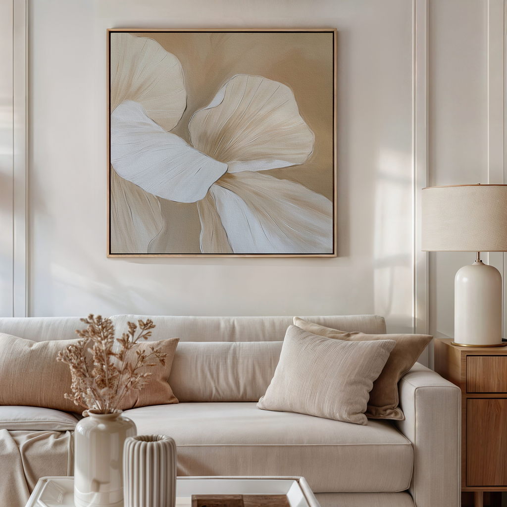 Petal Hush – beige and white botanical canvas wall art print by Aspire Prints