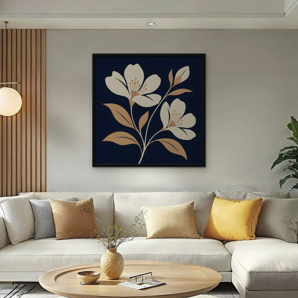 Folk Blossoms Canvas Art - Square – Black Floating Frame in room setting