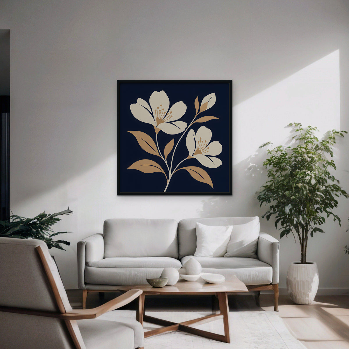 Folk Blossoms Canvas Art - Square – Black Floating Frame in room setting