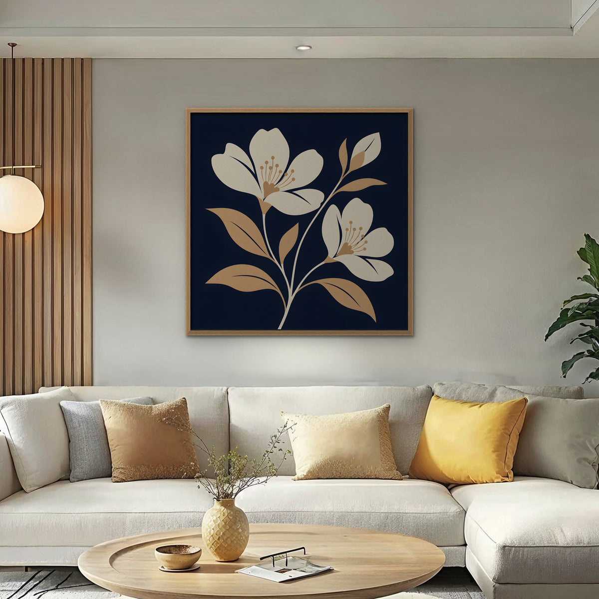 Folk Blossoms Canvas Art - Square – Oak Floating Frame in room setting
