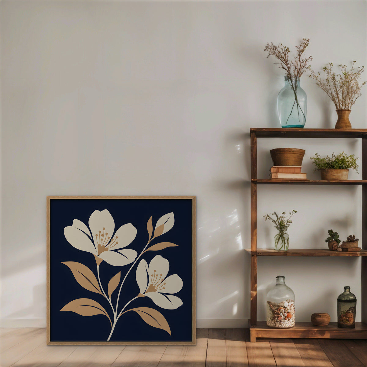 Folk Blossoms Canvas Art - Square – Oak Floating Frame in room setting