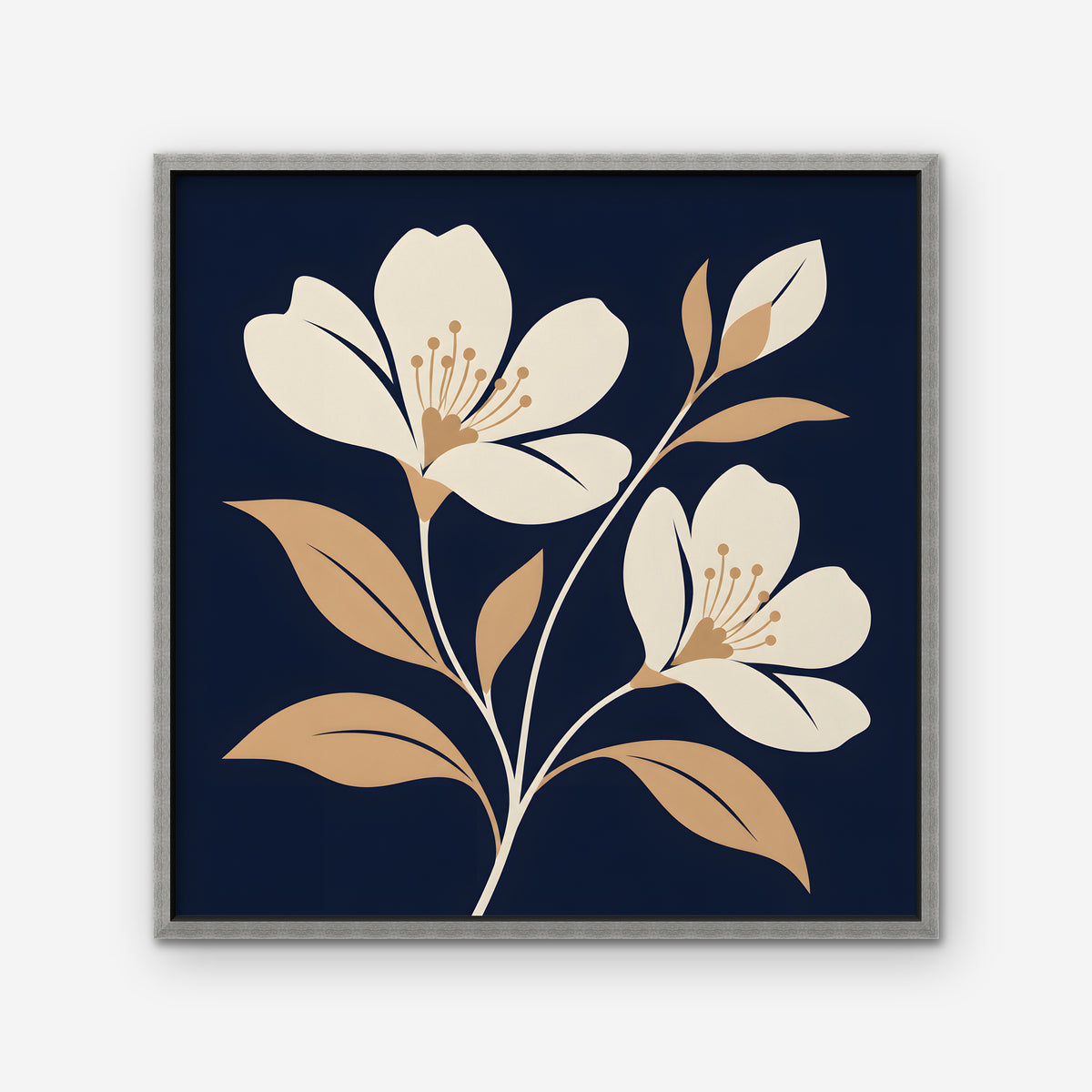 Folk Blossoms Canvas Art - Square – Silver Floating Frame on white background