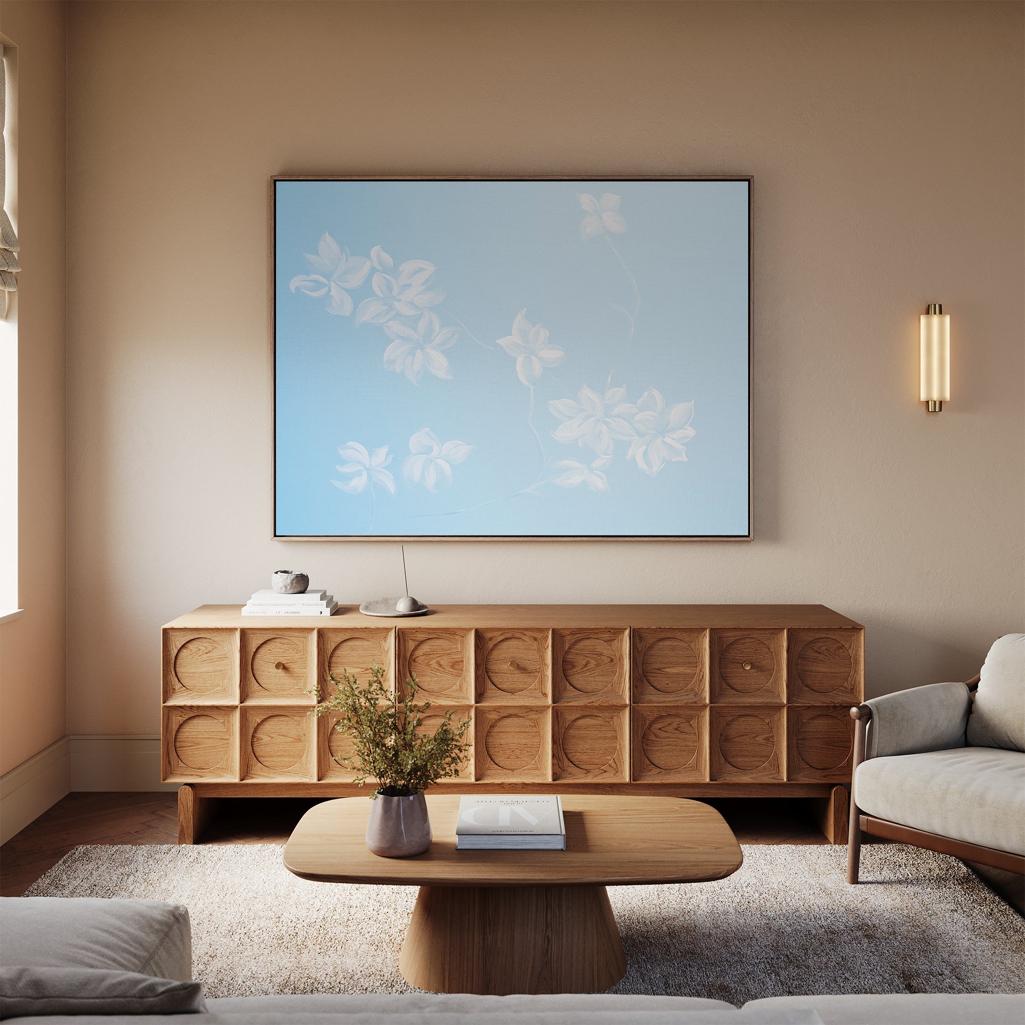 Whispering Petals in Powder Blue – blue botanical canvas wall art print by Aspire Prints
