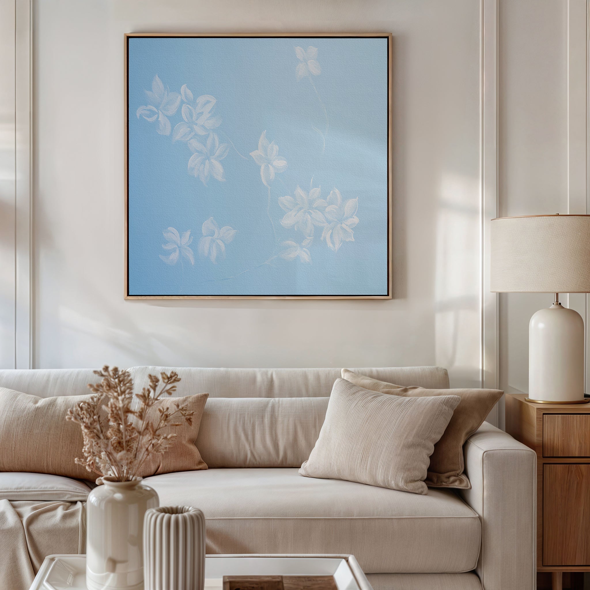Whisper of Petals – blue botanical canvas wall art print by Aspire Prints