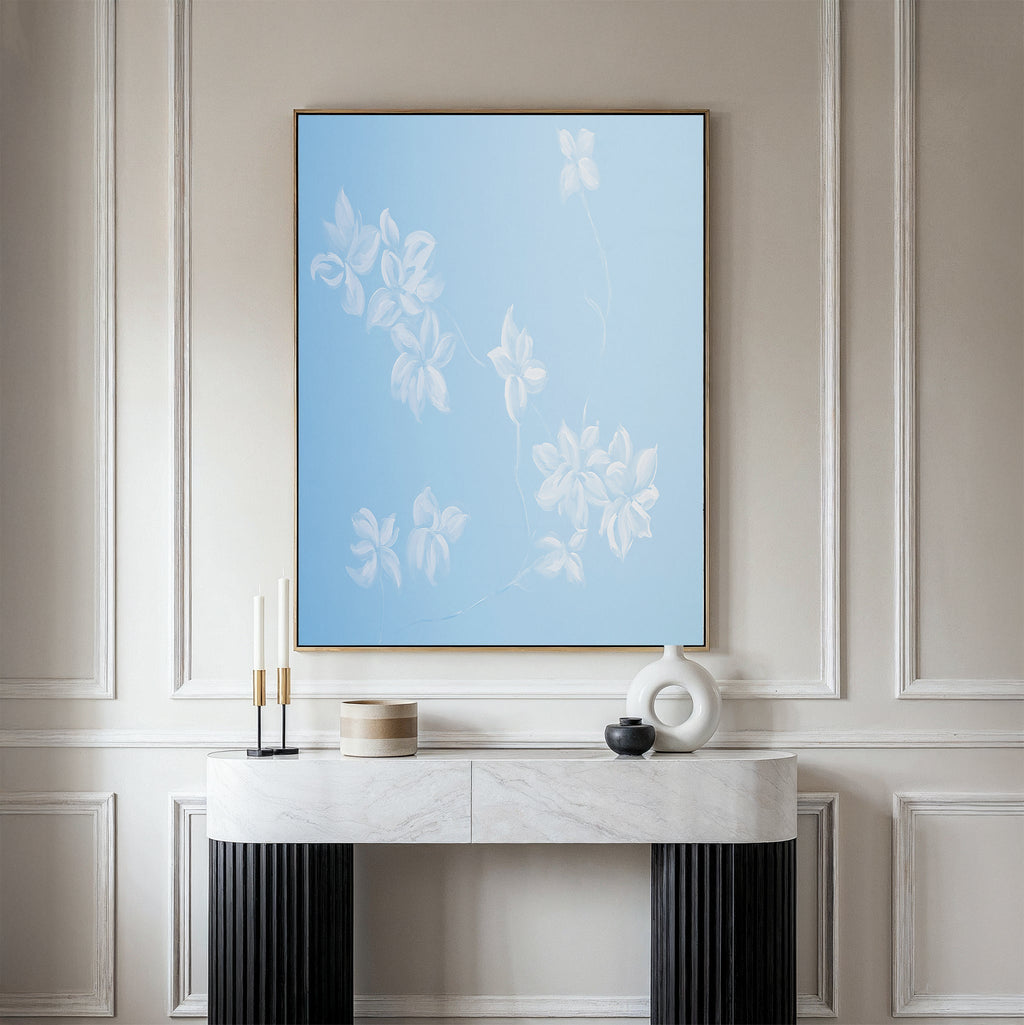 Whispering Petals in Powder Blue – blue botanical canvas wall art print by Aspire Prints