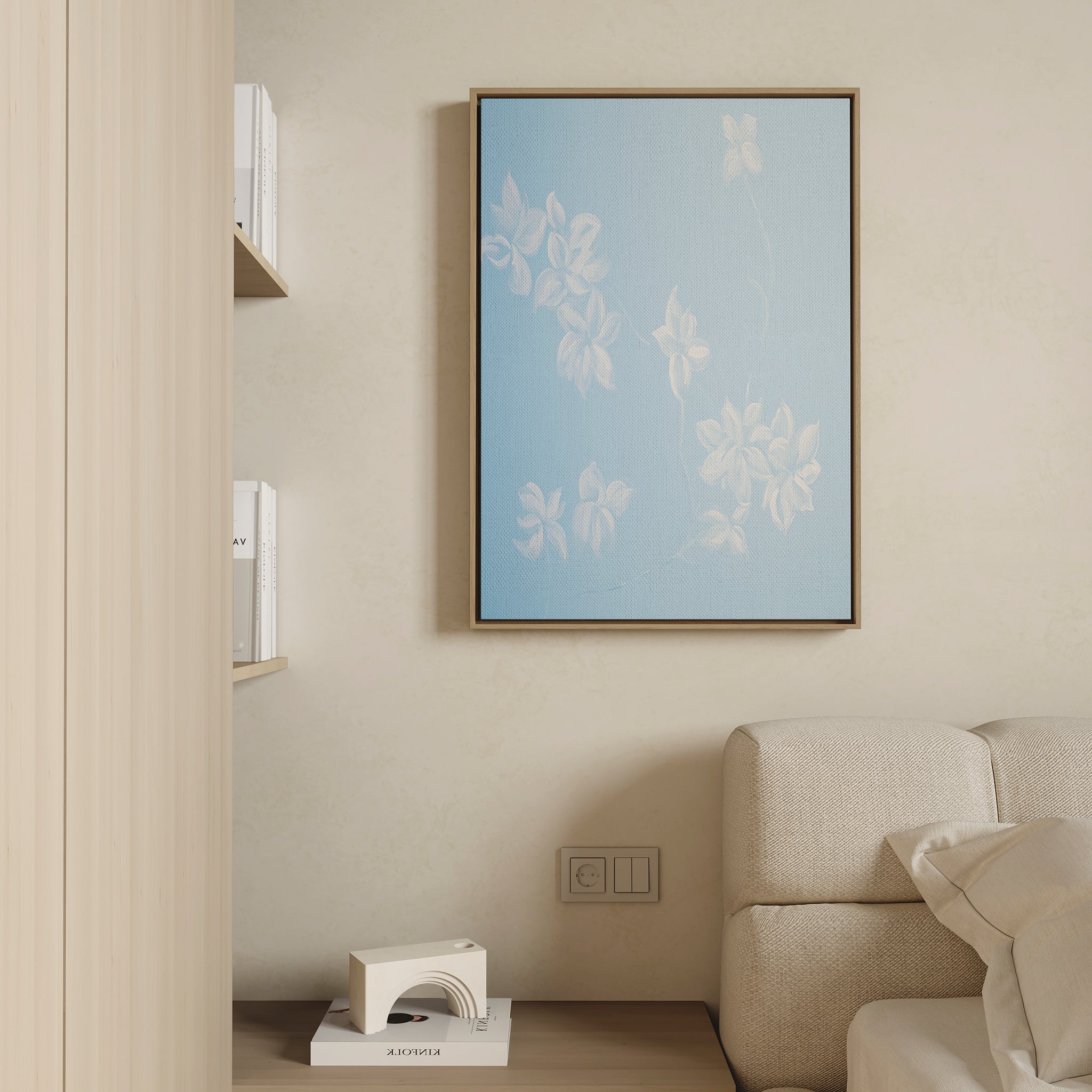 Whispering Petals in Powder Blue – blue botanical canvas wall art print by Aspire Prints