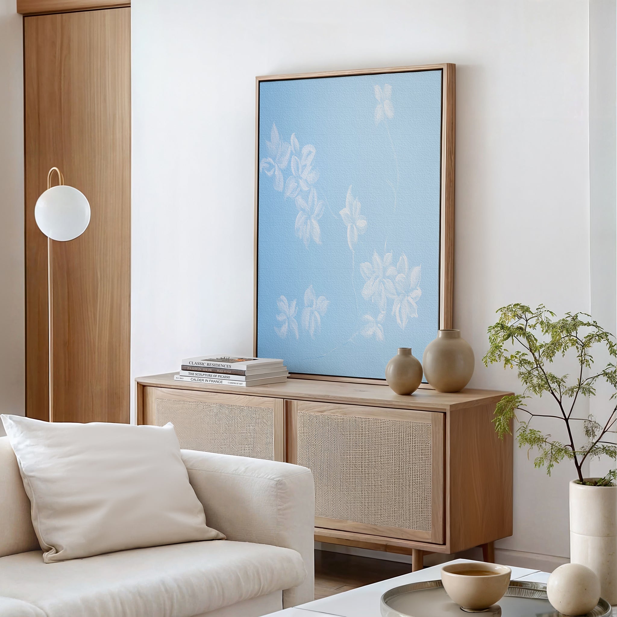 Whispering Petals in Powder Blue – blue botanical canvas wall art print by Aspire Prints