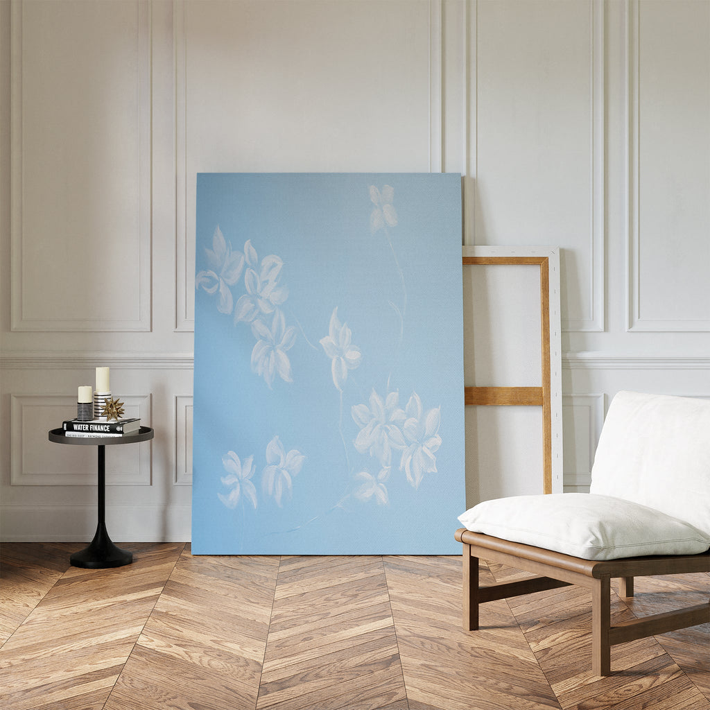 Whispering Petals in Powder Blue – blue botanical canvas wall art print by Aspire Prints