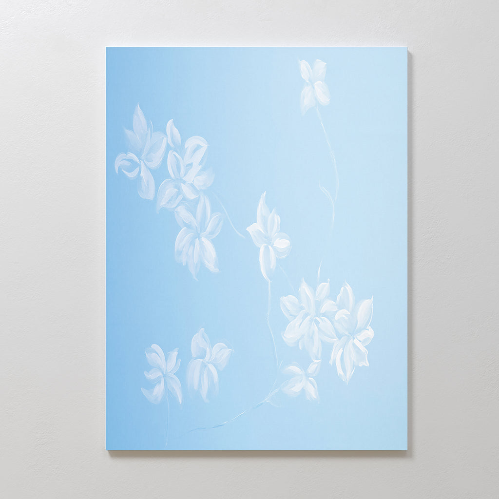 Whispering Petals in Powder Blue – blue botanical canvas wall art print by Aspire Prints