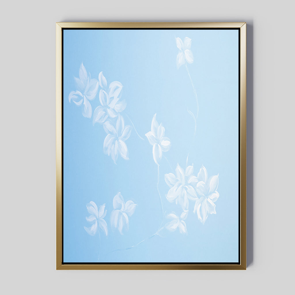 Whispering Petals in Powder Blue – blue botanical canvas wall art print by Aspire Prints