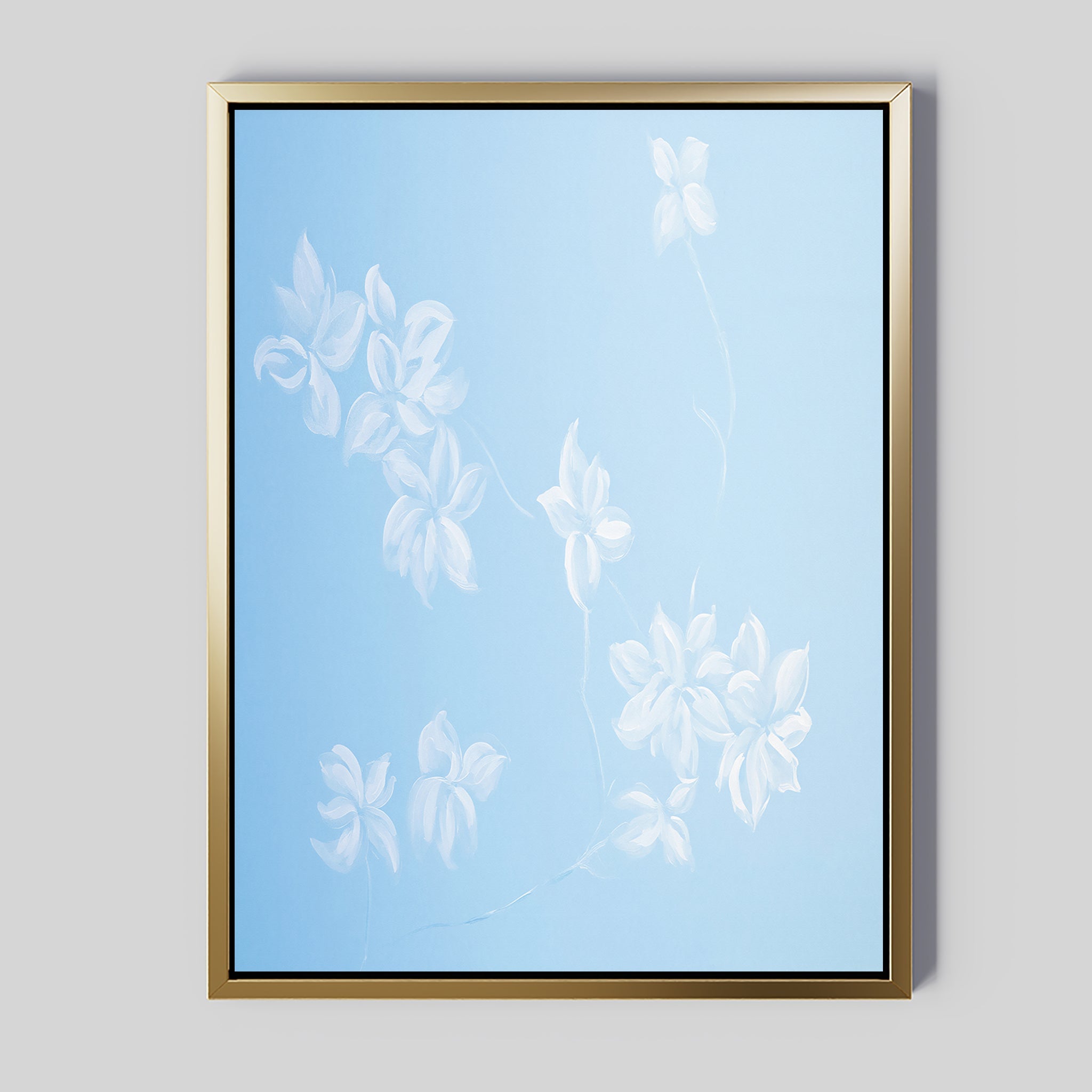 Whispering Petals in Powder Blue – blue botanical canvas wall art print by Aspire Prints