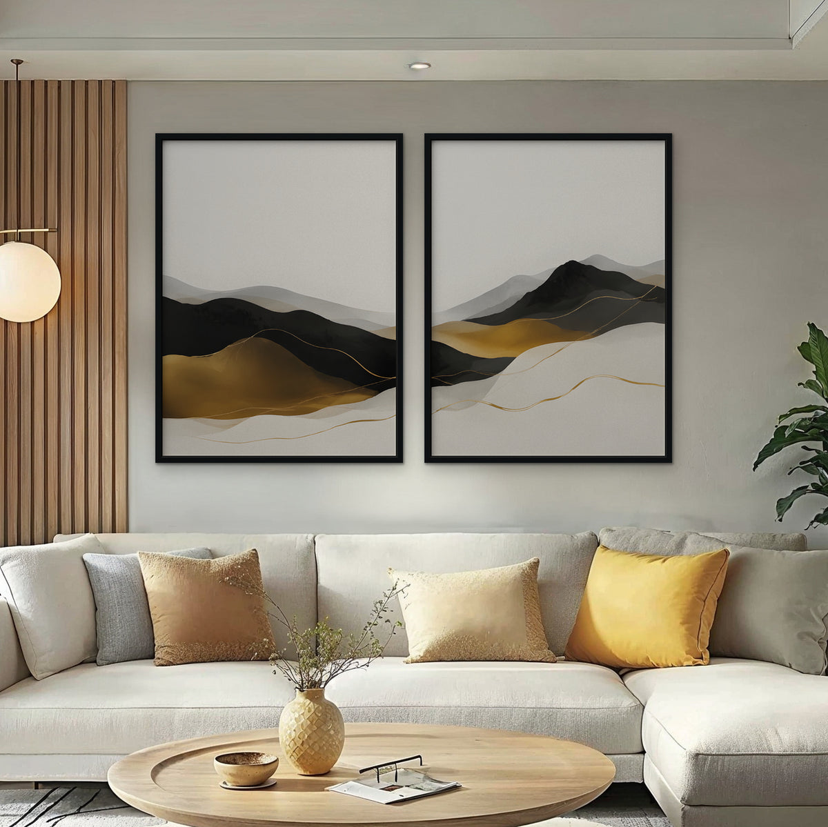 Gold Mountain Mist Canvas Art - Set of 2 – Black Floating Frame in room setting