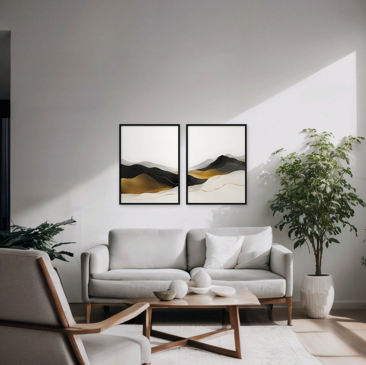Gold Mountain Mist Canvas Art - Set of 2 – Black Floating Frame in room setting