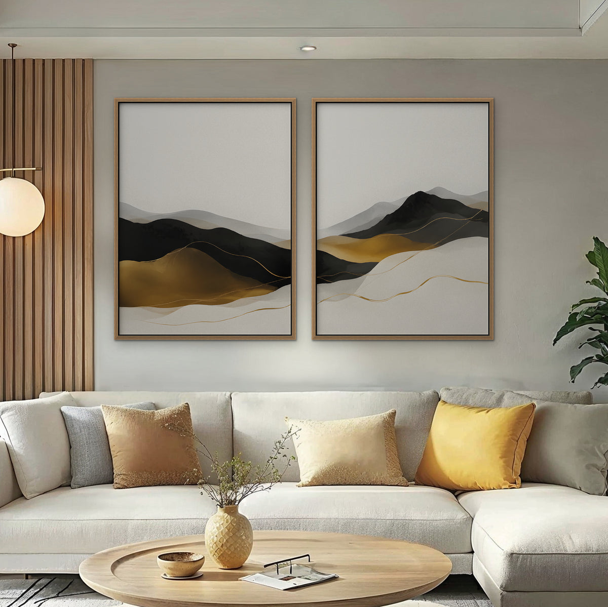 Gold Mountain Mist Canvas Art - Set of 2 – Oak Floating Frame in room setting