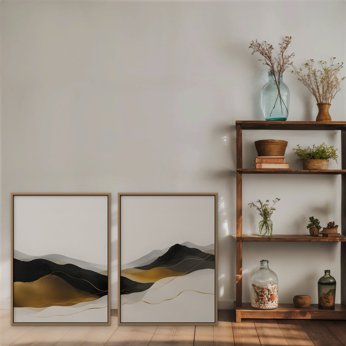 Gold Mountain Mist Canvas Art - Set of 2 – Oak Floating Frame in room setting