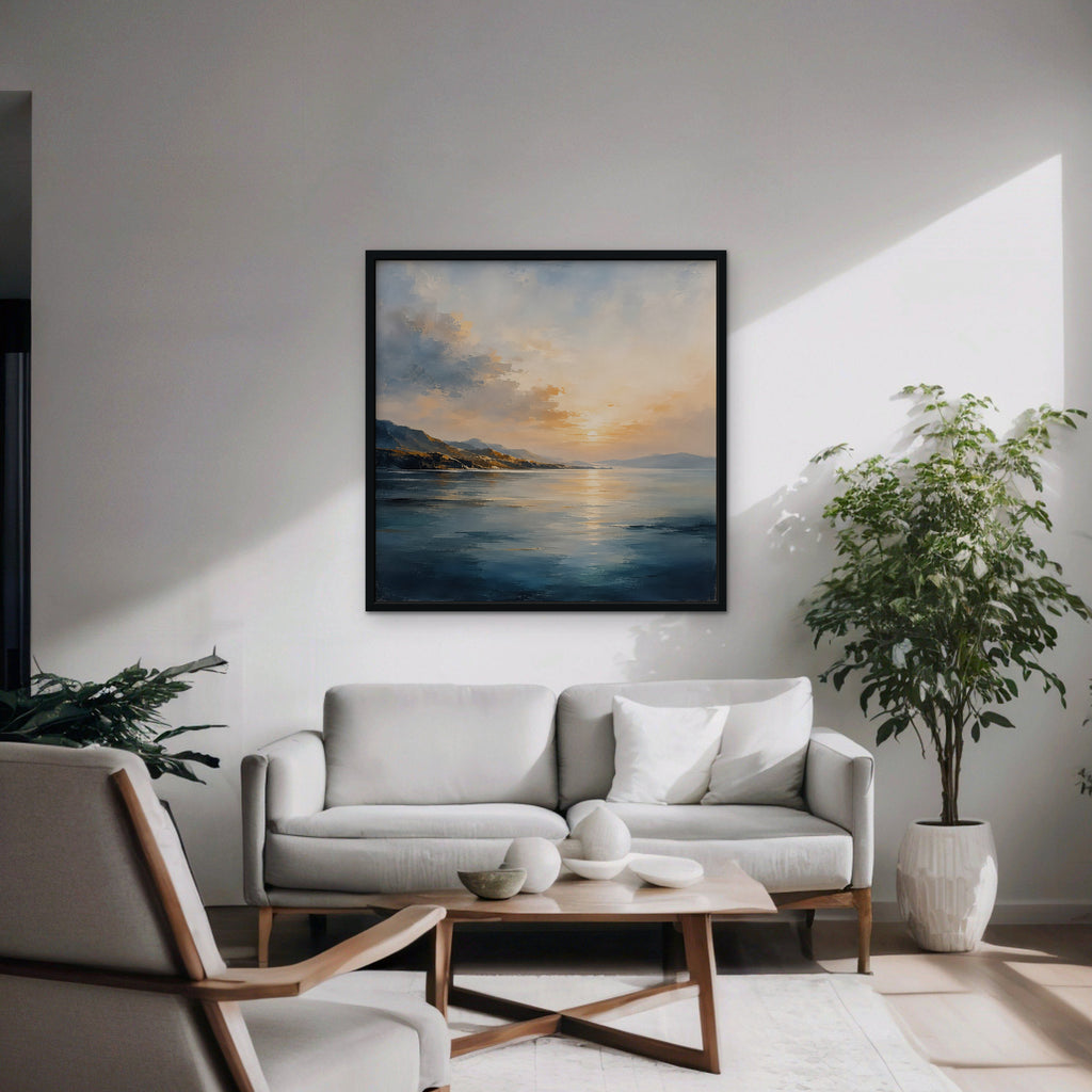 Golden Bay Sunrise Canvas Art - Square – Black Floating Frame in room setting