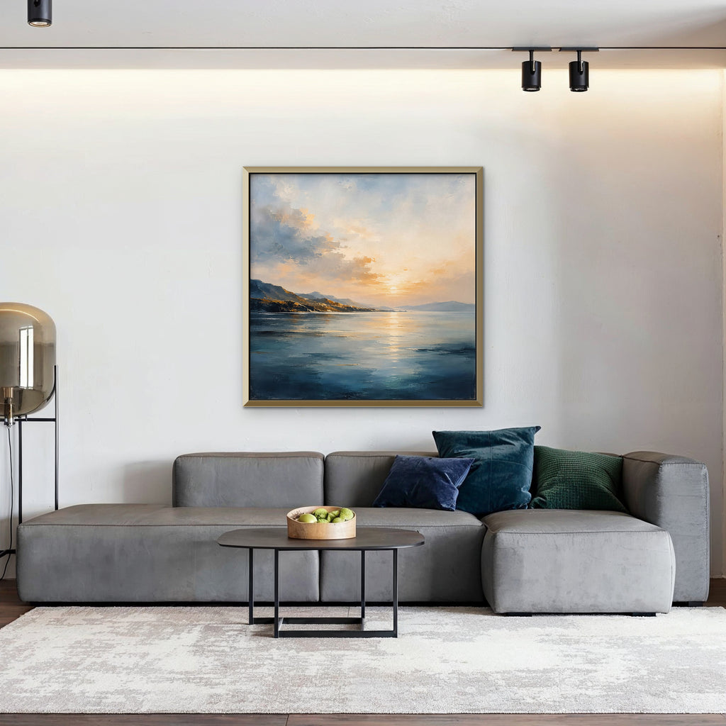 Golden Bay Sunrise Canvas Art - Square – Gold Floating Frame in room setting
