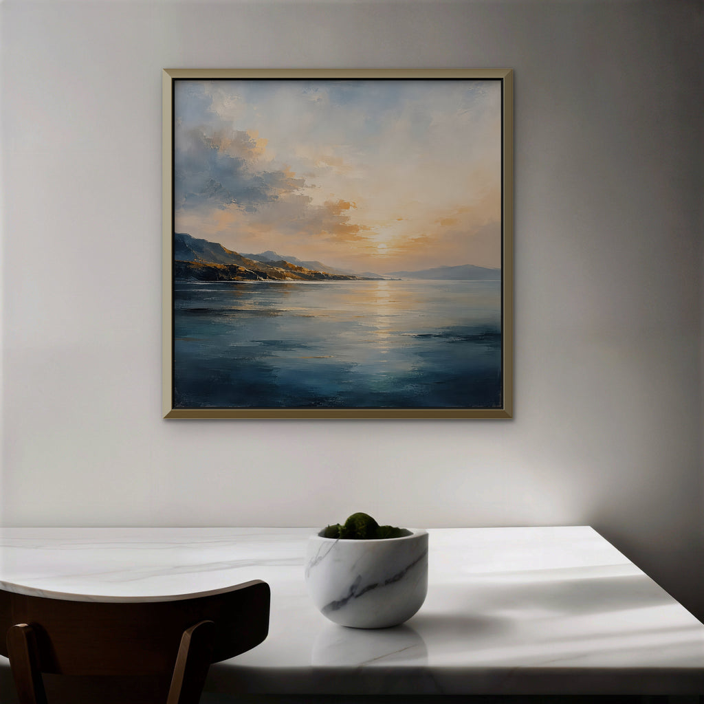 Golden Bay Sunrise Canvas Art - Square – Gold Floating Frame in room setting