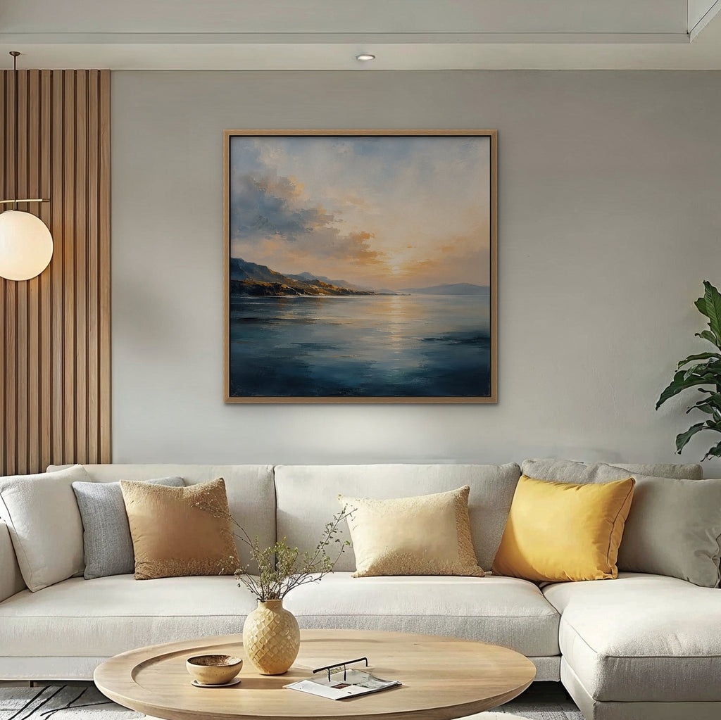 Golden Bay Sunrise Canvas Art - Square – Oak Floating Frame in room setting
