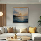 Golden Bay Sunrise Canvas Art - Square – Oak Floating Frame in room setting