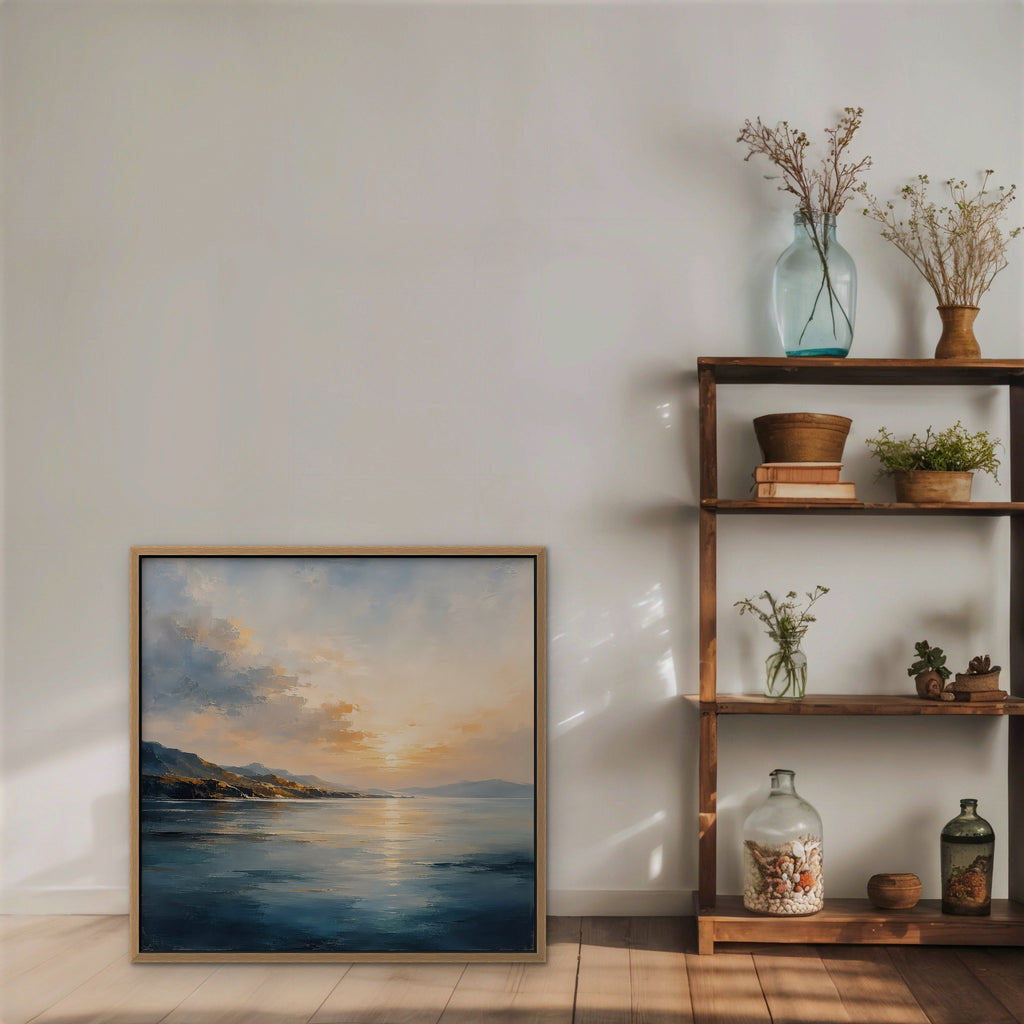 Golden Bay Sunrise Canvas Art - Square – Oak Floating Frame in room setting